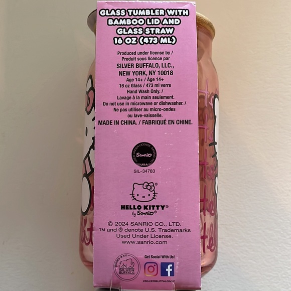 Hello Kitty Glass Tumbler w/Glass Straw 16 Oz NIB - Picture 2 of 4